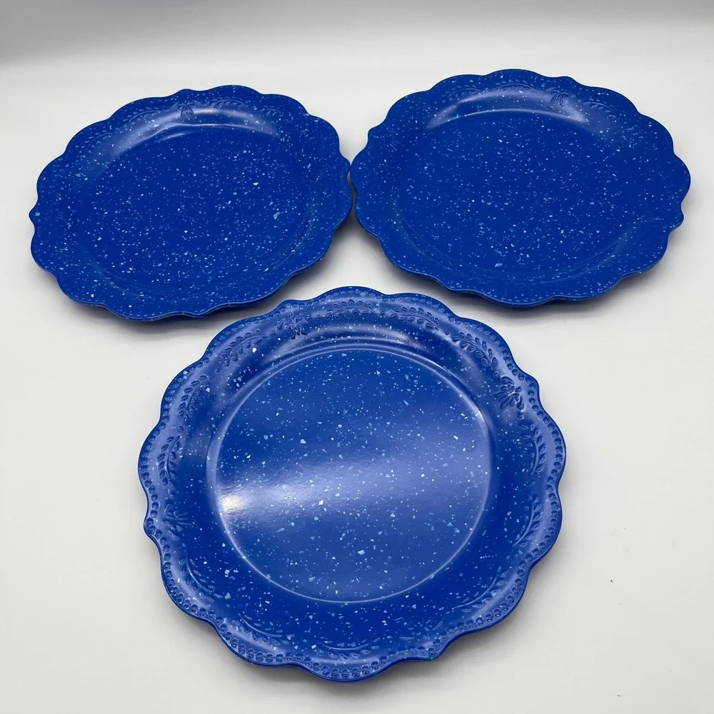 The Pioneer Woman Dinner Plates 10.5in Blue Melamine‎ Speckled Scalloped 3pc